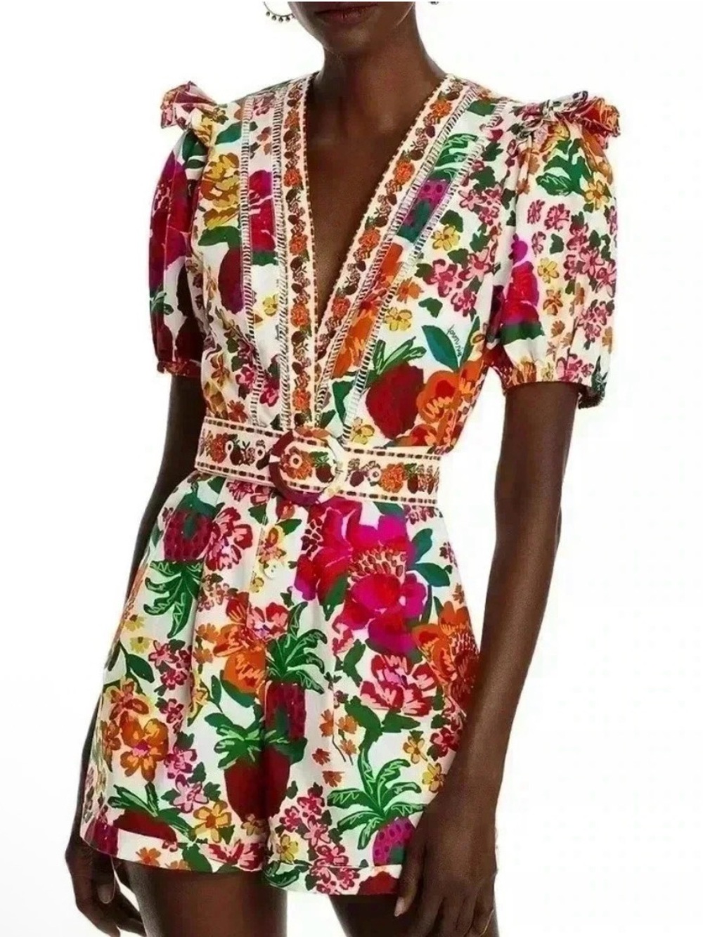 NWT Farm Rio Off White Cotton Floral Print Sketch Cotton Belted Romper Size XS - Picture 2 of 15